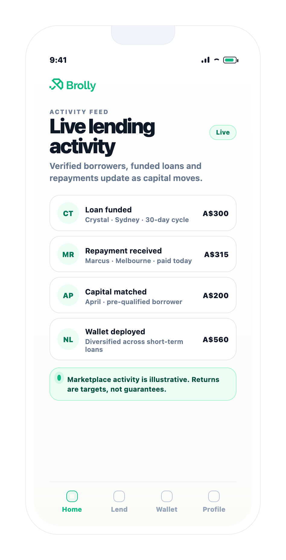 Brolly live marketplace activity feed screen