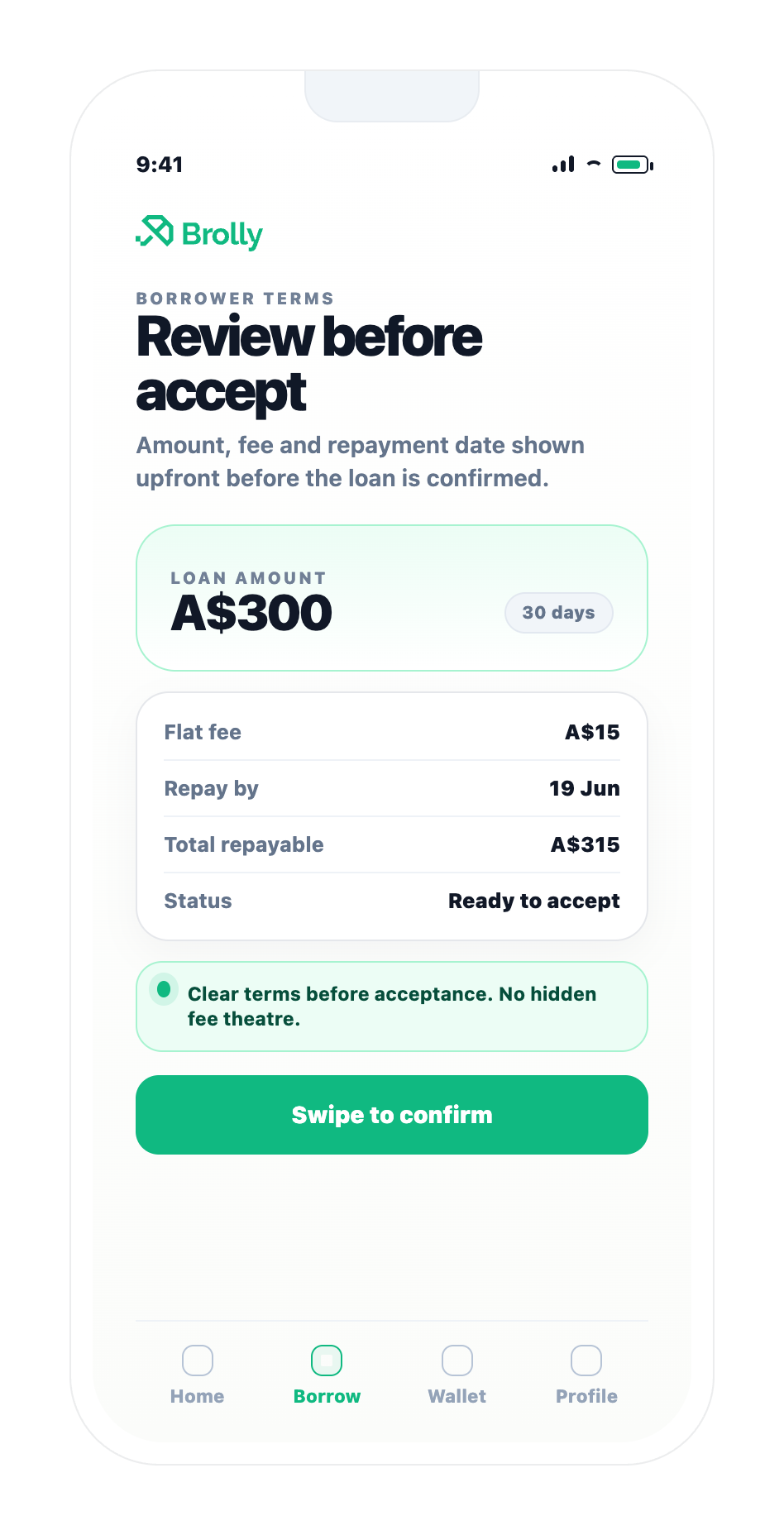 Brolly borrower application mobile screen