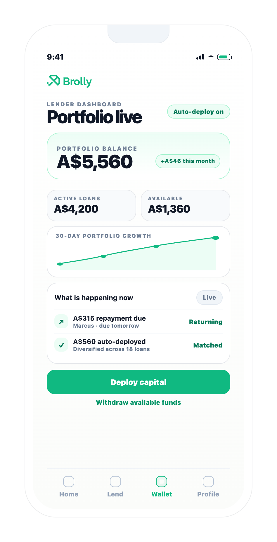 Brolly app wallet and portfolio mobile screen