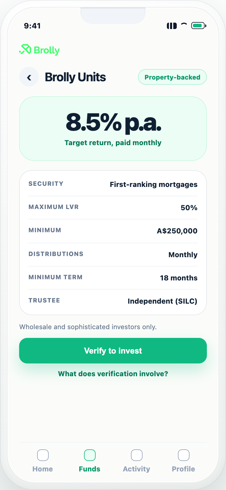 Brolly Units fund detail mobile screen