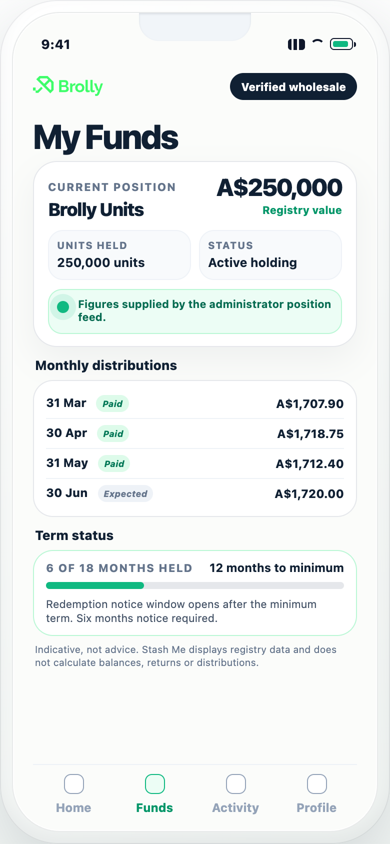 Brolly Units my funds mobile screen